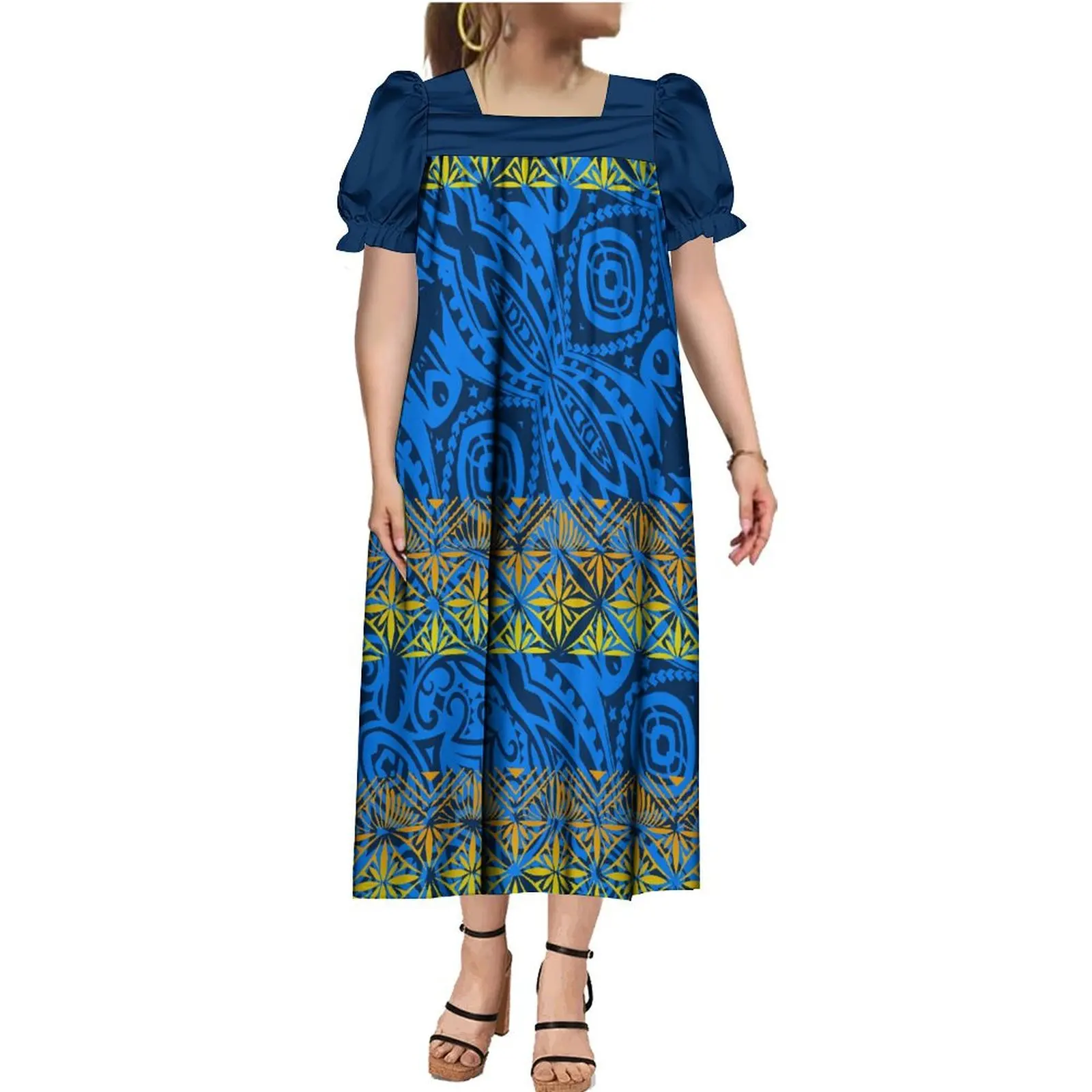 

Hot Selling Dress Microsia Mumu Custom Traditional Polynesian Print Art Dress Casual Maxi Dress With Puffed Sleeves Design