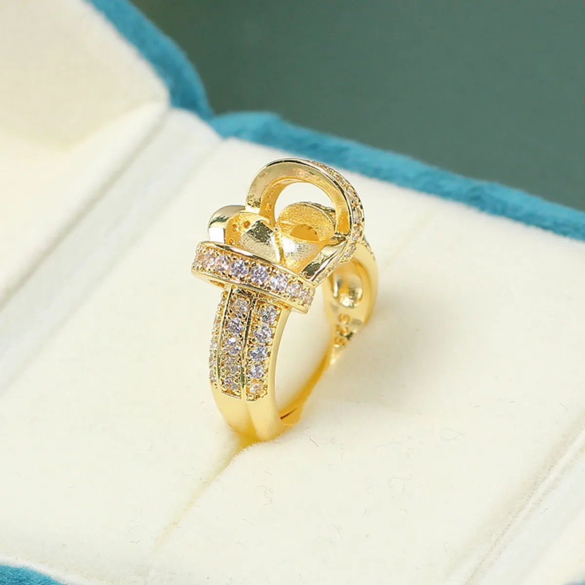 Women Brass 14K Gold Filled Twisted‑Wrap CZ Adjustable Open Ring Blank Setting Handmade Findings For Large Pearl DIY Ring