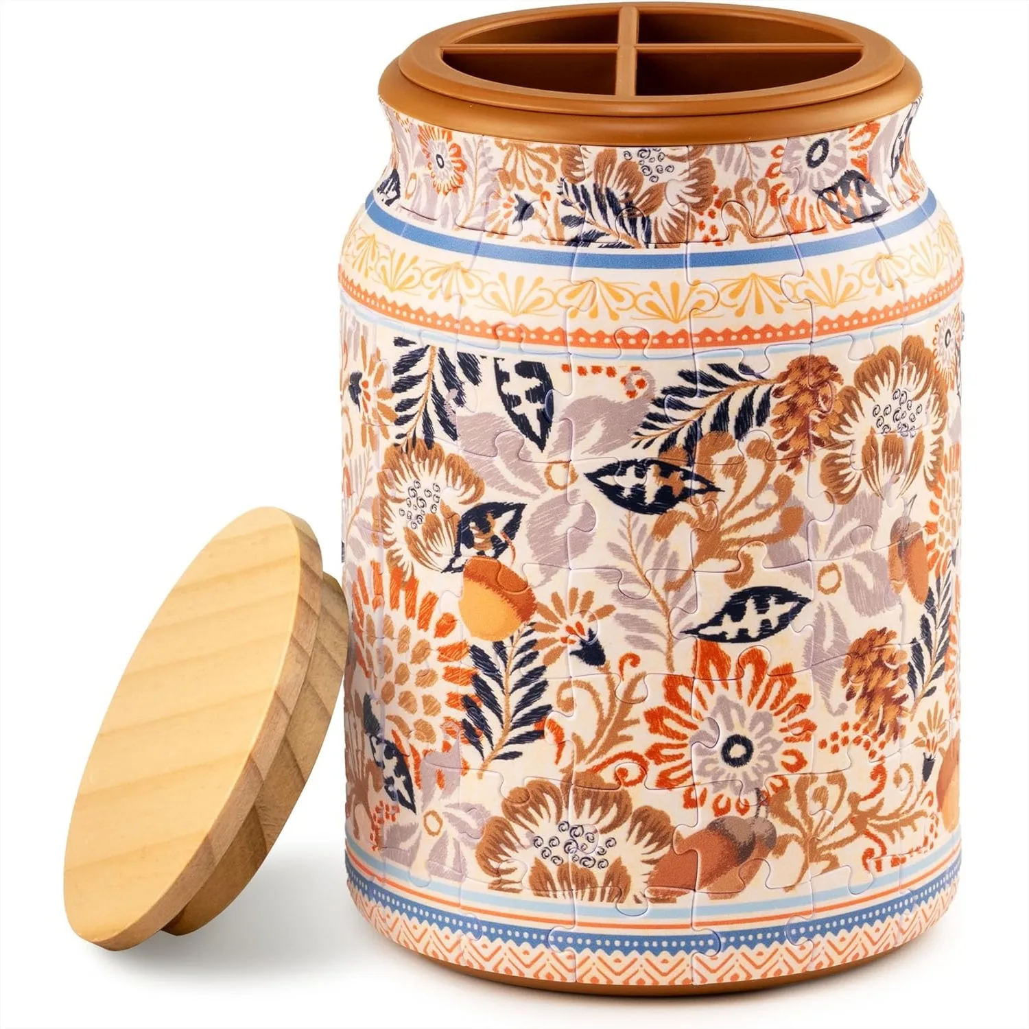 

3D Puzzle Jar 128 Plastic Pieces for Adults Autumn Abundance with Wooden Lid Divider Pen & Utensil Holder
