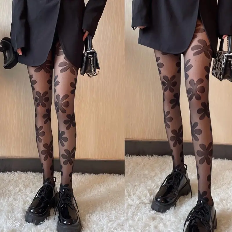 L5YC Women Goth Punk Black Pantyhose Harajuku Big Flower Patterned Sheer Tights Jacquard Sexy See-Through Leggings