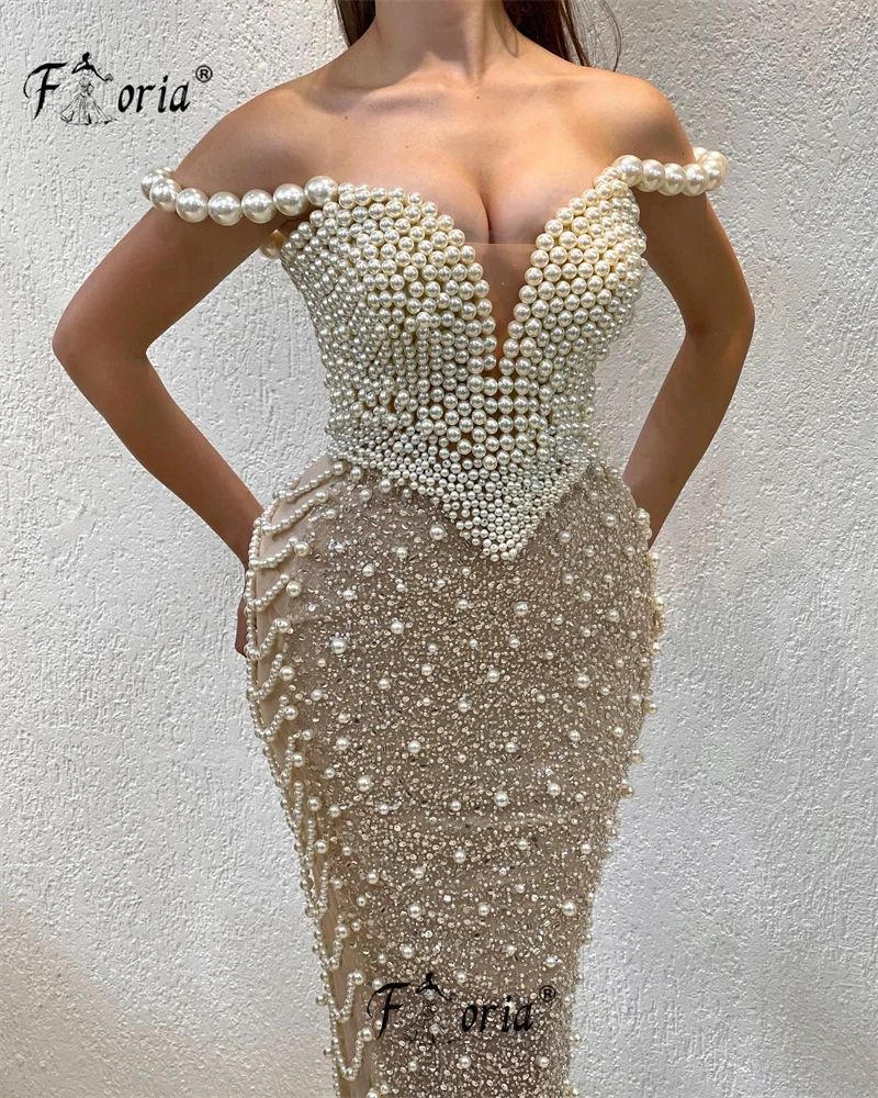 Elegant Full Pearls Beaded Formal Evening Dresses Champagne Tassels Sleeveless Floor Length Prom Dress Celebrity Robe de soiree