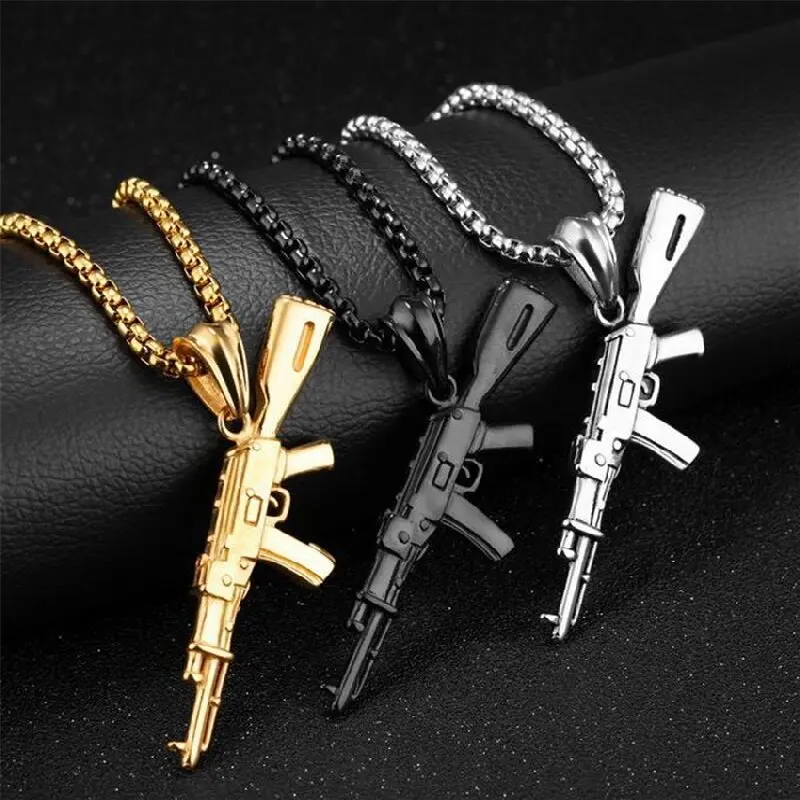 Trend Hip Hop Ice out Gold Silver Color Ak 47 Gun Pendant Necklace for Men Street Rap Rock Statement Jewelry Gift