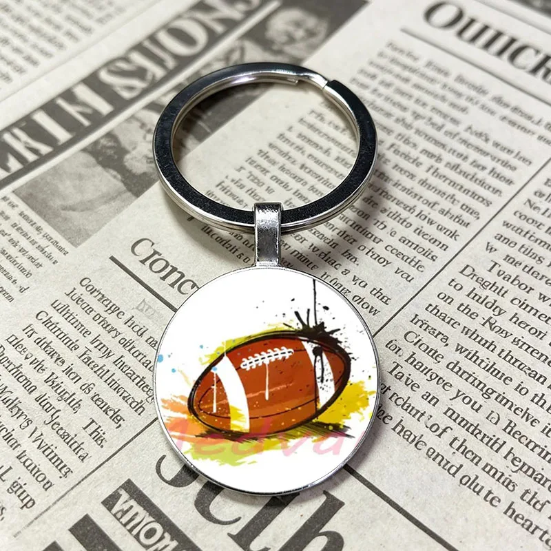 New Arrival Classic Rugby American Football Glass Dome Keychain Sport Key Ring For Men Women Rugby Enthusiasts