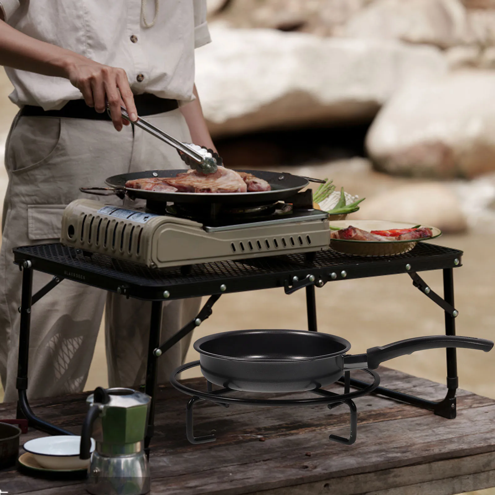 

Iron Pot Rack Round Cooking Grill Grate Pans Portable Fire Barbecue Shelf Non slip Outdoor Wok Thick Safe Long term Use