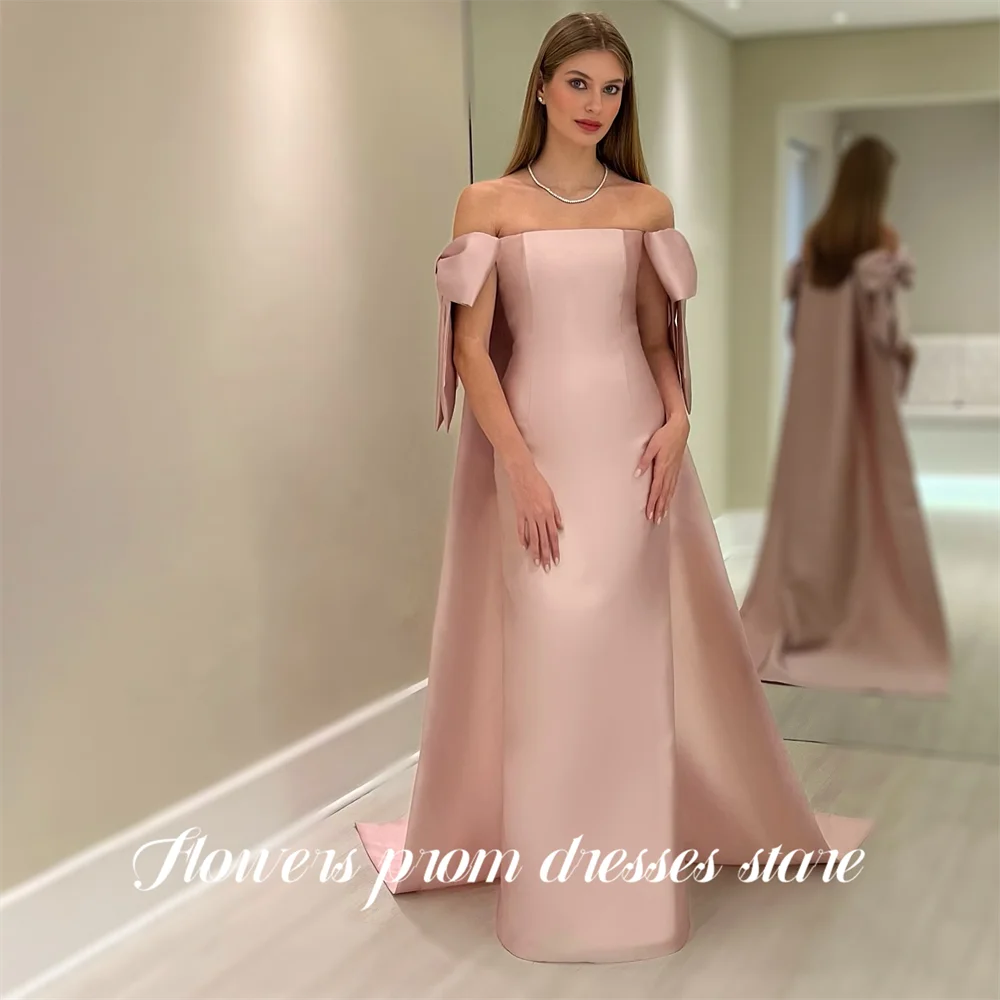 

Flowers Blush Pink Party Dress Off Shoulder Evening Dress with Statement Bow فساتين السهرة for Wedding Customized