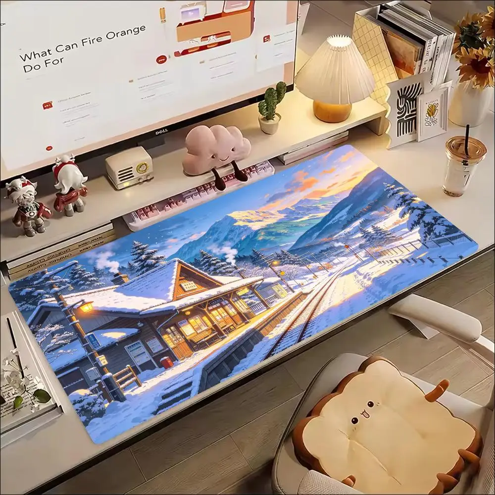 Snowy Hot Spring Town Play Mat Smooth Cloth Thick Rubber Precision Tracking For Bedroom Study Decor