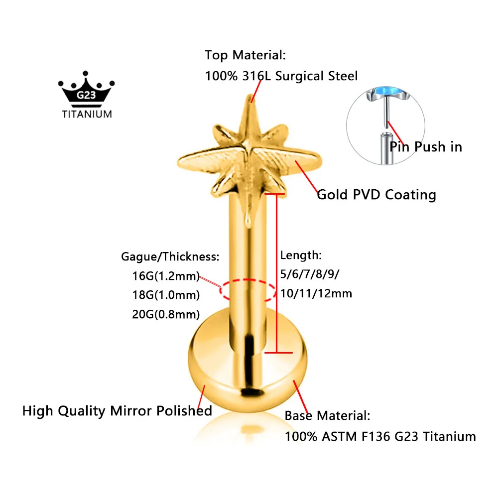 ASTM F136 G23 التيتانيوم ستار القلب ثقب الخيوط غرامة دبوس دفع في Labret مسمار Daith محارة القرط الشفاه مجوهرات 16 جرام 18 جرام 20 جرام