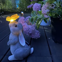 Solar Bunny Standbeeld Decor Met Vlinder Hars Dierlijke Sculptuur Solar Led Lights Beeldje Buiten Deco Voor Tuin Binnenplaats