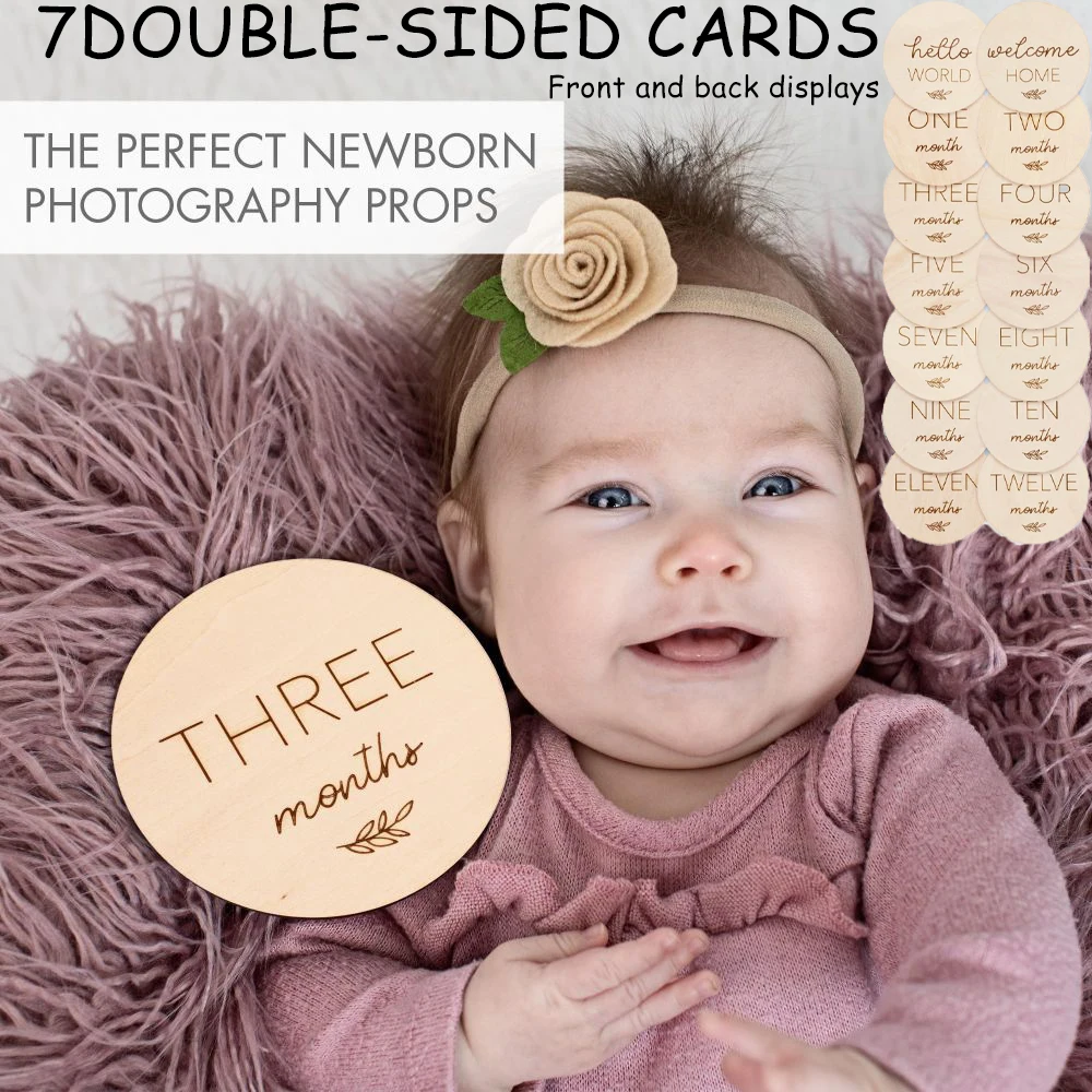 7pcs Beautiful Baby Monthly Milestone Cards - The Perfect Wooden Discs for Adorable Milestone Pictures of Your Newborn Boy/Girl