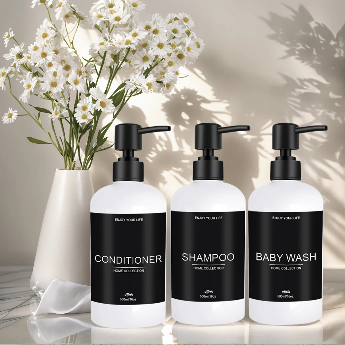 3pcs Bathroom Refillable Empty Shampoo Conditioner and Body Wash Soap Bottle, Black/White Home Decor Shampoo Dispenser view 4