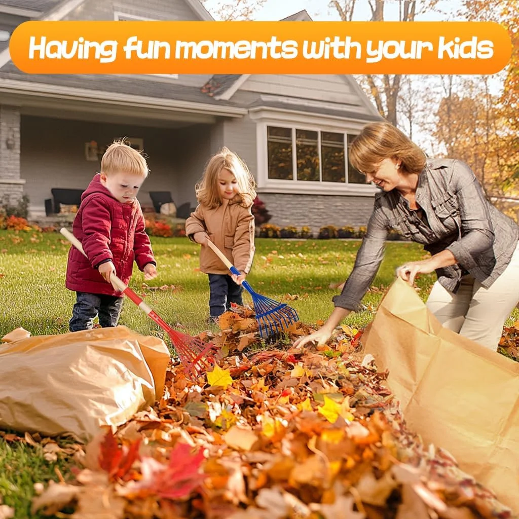 Kids Friendly Rakes for Leaves -  Child Size Small Rake with Durable Metal Head & Hardwood Handle, Real Lawn Garden Yard Tool