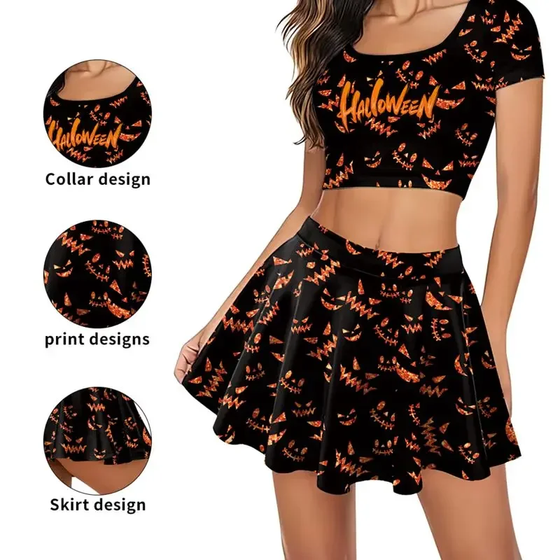 女性ハロウィンチアリーディングコスチュームドレスゴーストフェイスプリントチアリーディング半袖プリーツスカートセット制服コスプレ衣装