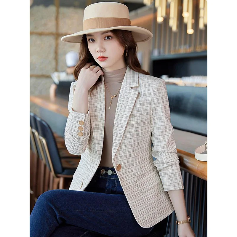 الحد الأدنى عادية منقوشة السترة زر واحد أنيقة الراقية طويلة الأكمام بلايز سترة رسمية الكورية العصرية موضة المرأة القماش #5