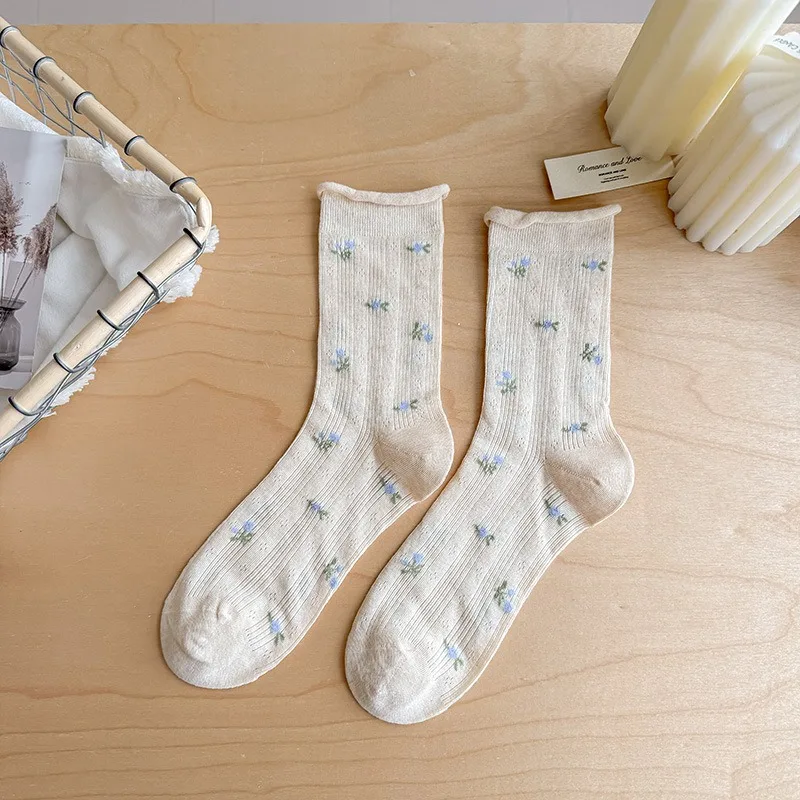 Women Floral Mesh Mid Calf Insoles Spring Summer Hollow Out Ruffle Seamless Balletcore Slouch Insoles