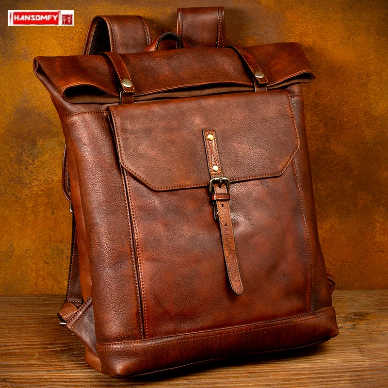 Vintage Genuine Leather Men Backpack Large Capacity Cowhide 16 Inch Laptop Bag Computer Schoolbag Travel Backpacks 2024 New