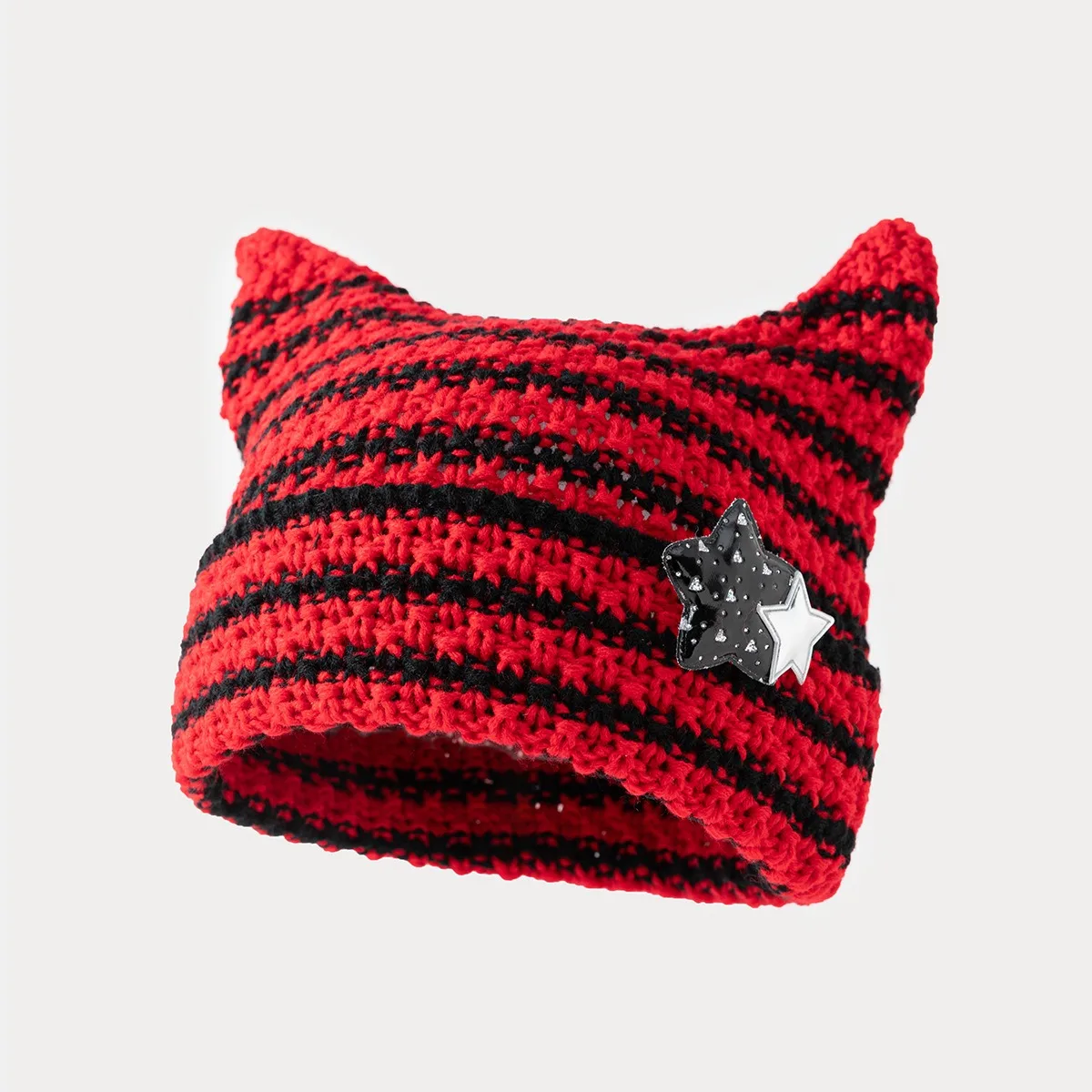 الشيطان الصغير اليدوية محبوك قبعة مخططة y2k آذان لطيف عارضة قبعة محبوكة دافئة
