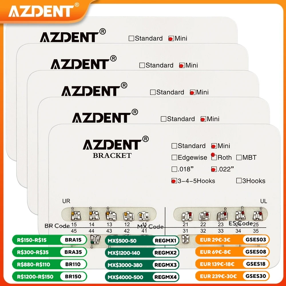 5 Packs Dental Orthodontic Brackets Braces AZDENT Metal Mini Standard Base Roth MBT Edgewise 0.022/0.018 Hooks 3-4-5 20pcs /Pack