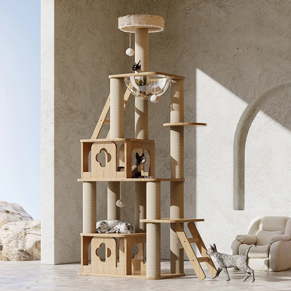 Wood Cat Tree House Condos Wooden Cat Tower with Sisal Rope Scratching Posts Climbing Frame Toy Cat Products