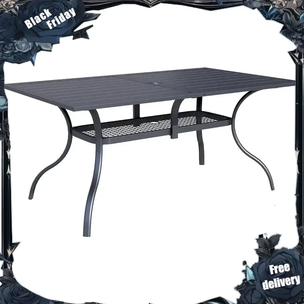 Patio Dining Table, Rectangle Metal Steel Slat Table, with Umbrella Hole, for Backyards, Porches, Garden