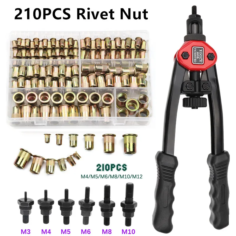 

210Pcs Rivet Nut +Hand Threaded Rivet Nuts Gun BT605 M3-M10 Double Insert Manual Riveter Gun Riveting Rivnut Rivet Tool