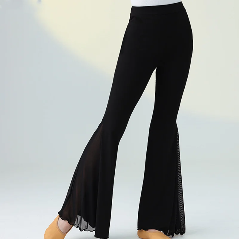 Celana Kaki Lebar Modis Cocok untuk Semua Musim Panas Celana Panjang Elastis Wanita Flare Pinggang Elastis Warna Polos Benang Jaring Modis Wanita