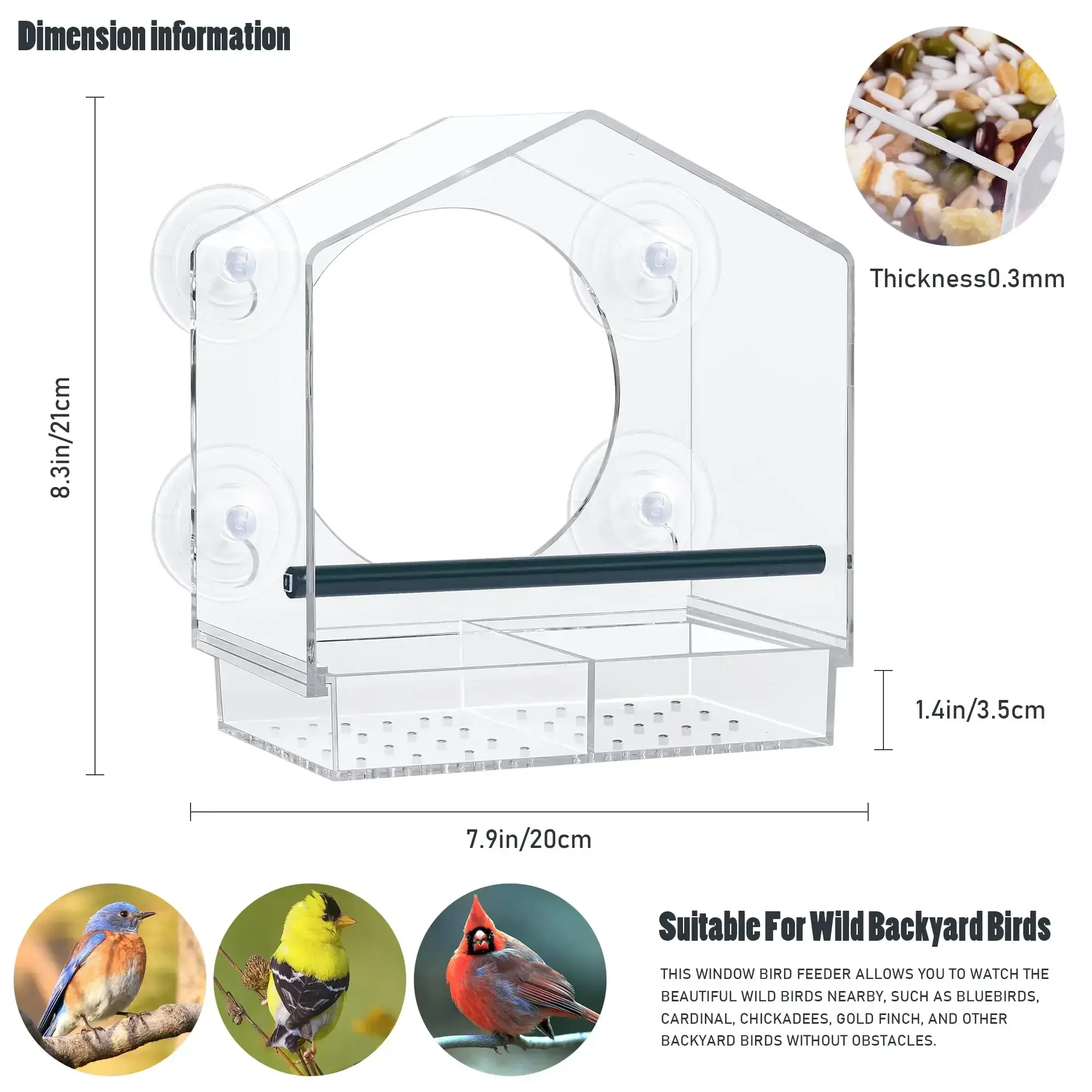 Window Bird Feeder Gram Reuse Tray House Shape Waterproof Transparent Squirrel Food Container Outdoor Suction Cup Installation