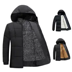 Men Coat Cotton Padded Long Sleeve Solid Plush Lining Single Breasted Keep Warm Drawstring Hood Formal Jacket Coat for Working