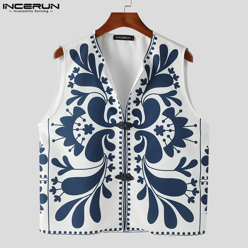 INCERUN Tops 2024 Stylish Personality Men\'s Buckle Design Shirts Streetwear Male Floral Pattern Sleeveless Cardigan Blouse S-5XL