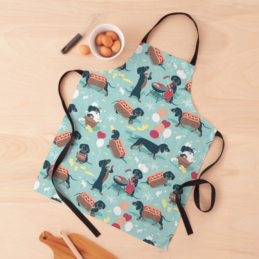 

Hot dogs and lemonade // aqua green background navy and brown dachshunds Apron For Nail Stylist Custom Apron