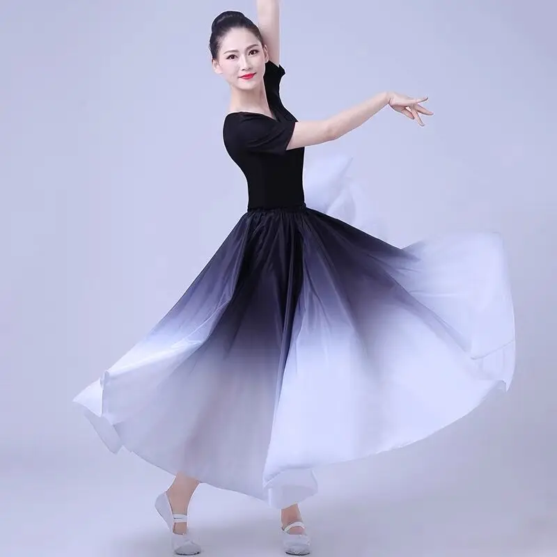 Women Silky Long Midi Skirts Big Swing Dance Party Gradient Sundress Robe Femme Faldas Saia Vestidos Dancer Practice Wear Skirt