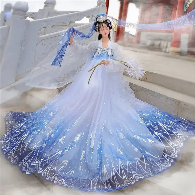 Vestido tradicional chinês hanfu para mulheres, vestido gradiente cintilante de lantejoulas estrela do carnaval, vestido formal de baile, presente de aniversário e Natal 2024