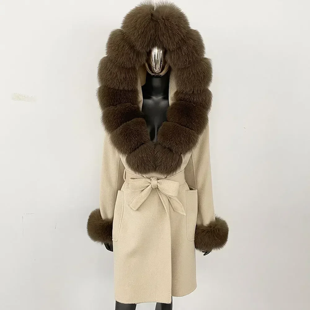 2024 novo outono inverno real casaco de pele de raposa feminino longo com capuz jaqueta de caxemira casaco de lã quente pele natural jaqueta de lã senhora