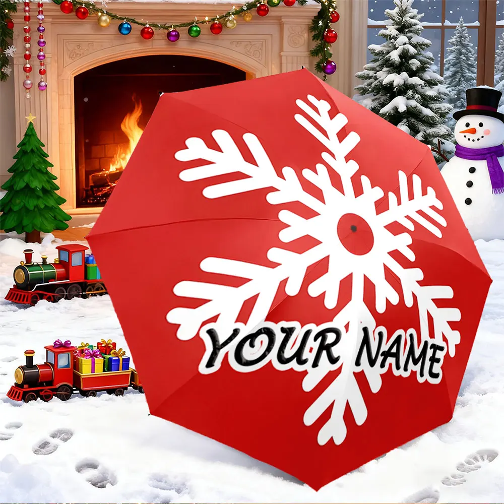 Custom Name Umbrella， Personalized Red Snowflake Design Umbrella ,Portable Folding Umbrella, Christmas Gift