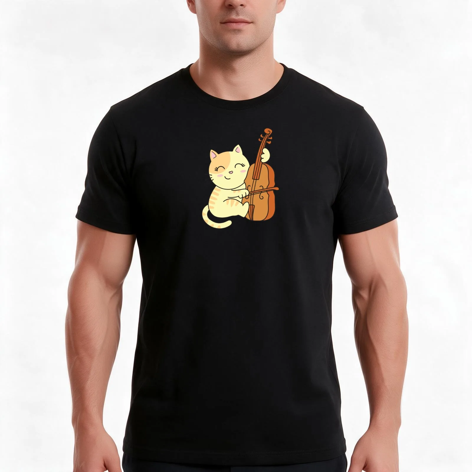 Cat playing the cello T-Shirt, Summer Casual Cotton Tee, Oversized Streetwear Tops, Vintage Graphic Print, Unisex Men Women