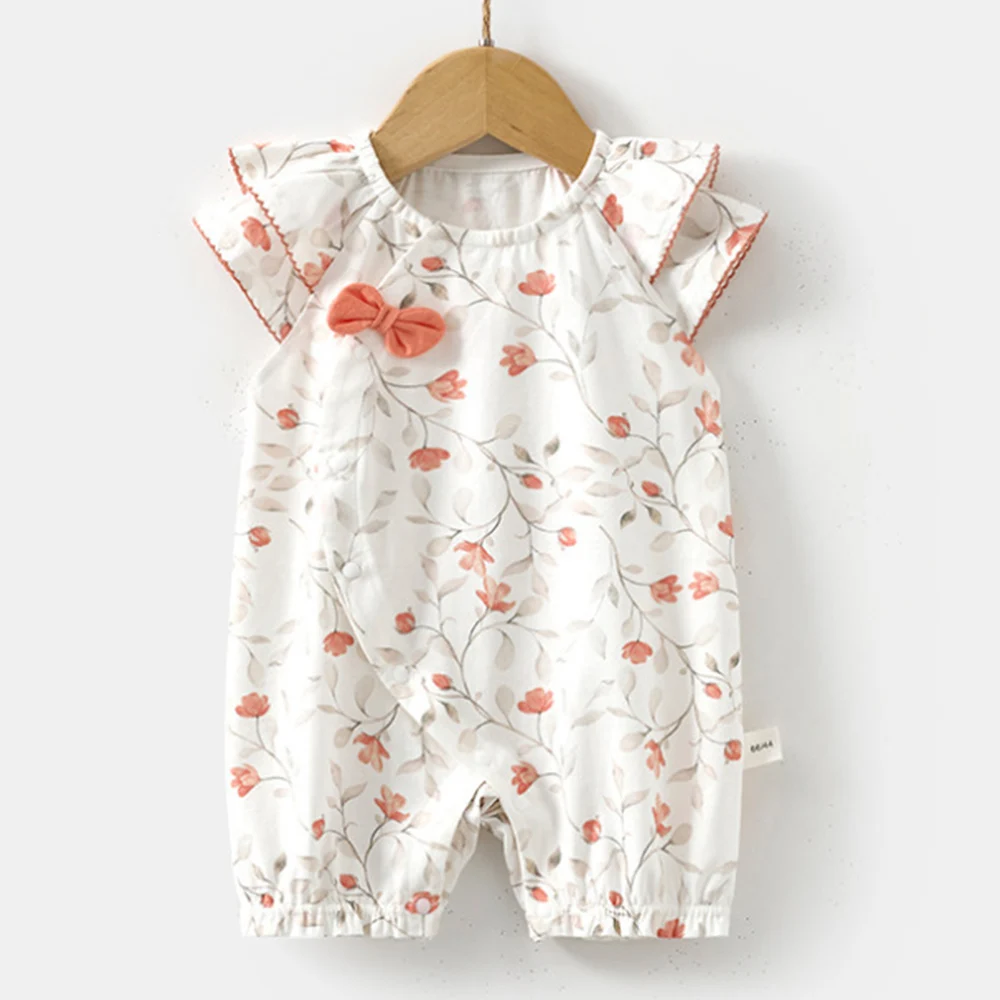 Baby Jumpsuit For Girls Short Sleeve Floral Bow Decoration Summer Newborn Clothing Infant Girl Rompers