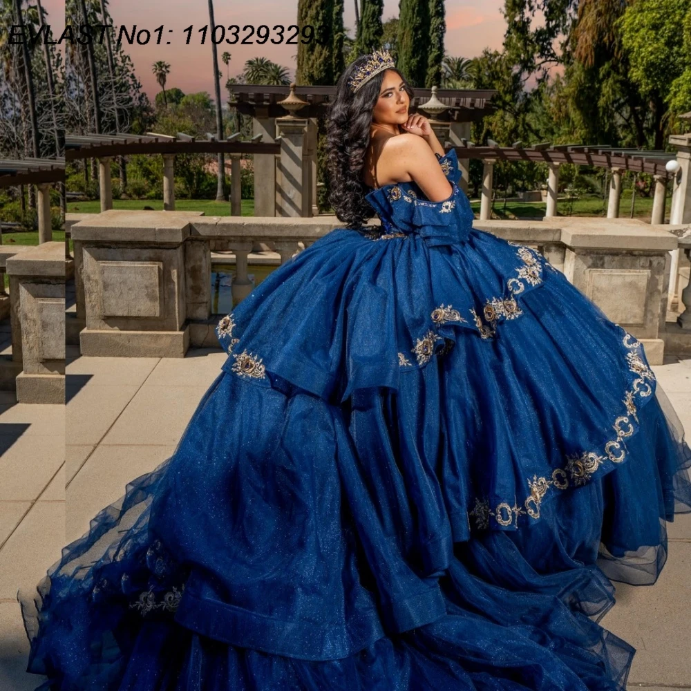 

EVLAST Customized Princess Navy Blue Ball Gown Quinceanera Dress Gold Applique Beaded Tiered Sweet 16 Vestidos De 15 Anos E1Q821
