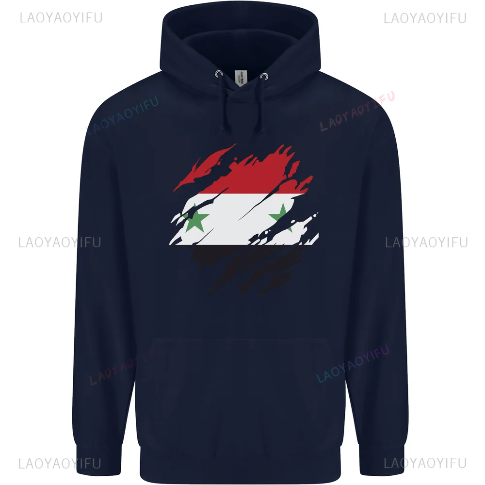 Torn Syria Flag Syrian Day Men Hoodie Autumn and Winter Classic Drop Shoulder Warm Printed Pullover Woman Casual Sweatshirt