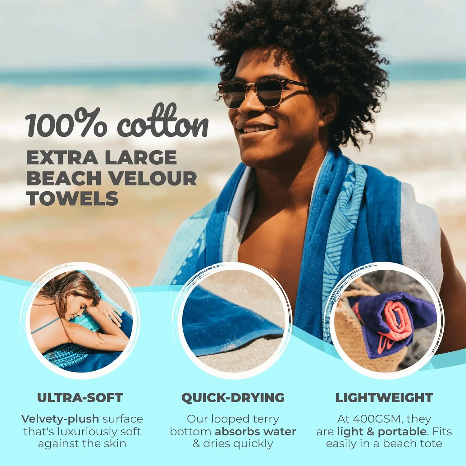 Shark Beach Towel, Blue Tropical Design Absorbent Bath Towel for Pool and Travel, Navy with Light Blue Stripe Pattern