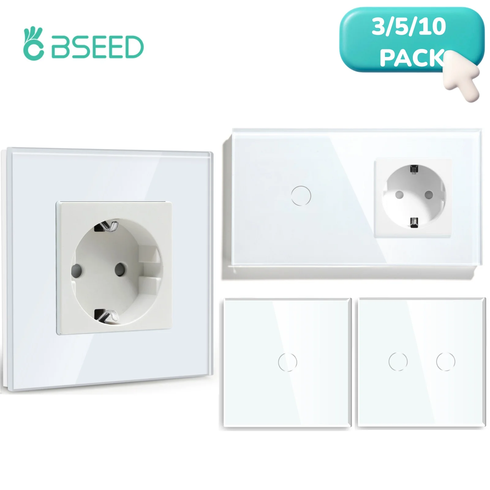 BSEED 1/2-Gang 1-Weg Touch-Schalter Wand-EU-Steckdose Weiß Kristallklar Wasserdicht LED-Lichtschalter Schwach Blaue Hintergrundbeleuchtung Einphasig