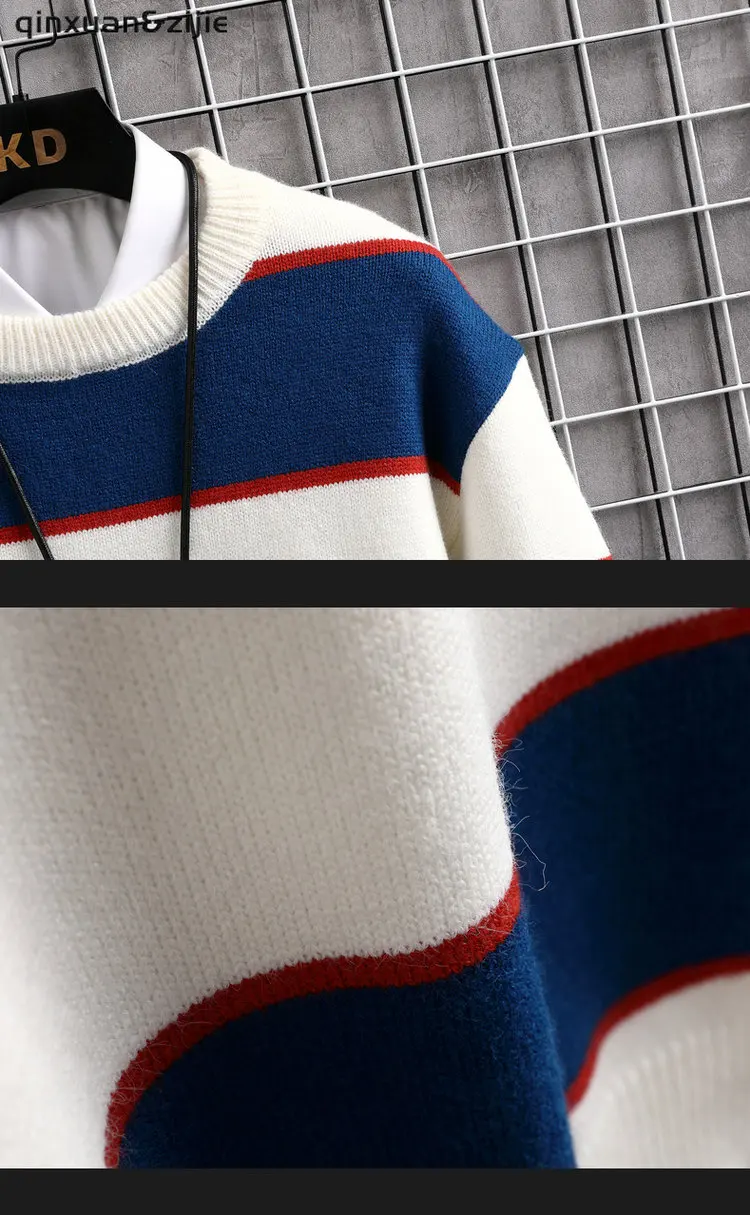 Knitted Sweater Men Cartoon Striped Print Pullover Harajuku Casual O-neck Oversize Top Streetwear Unisex Fall Fashion Korean