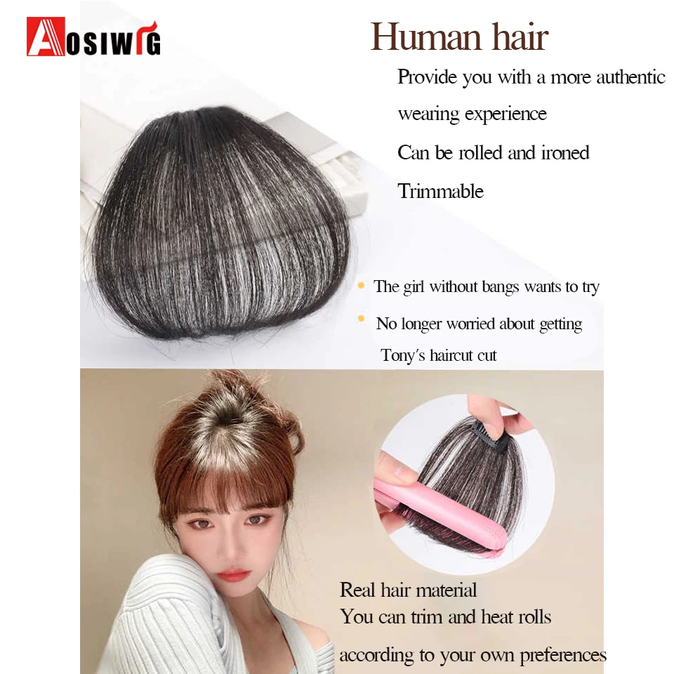 AOSIClip in Bangs 100% Human Hair Bangs Thick 3D Natural Black Brown Hair Bangs With Temples Clip on Fringe Hairpieces For Women