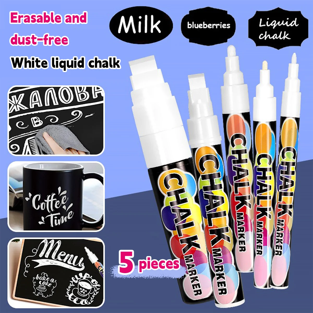 1-5pcs White Liquid Chalk Markers Pen Erasable Dust-Free for Blackboard Glass Windows Chalkboard Art Drawing Pen School Supplies