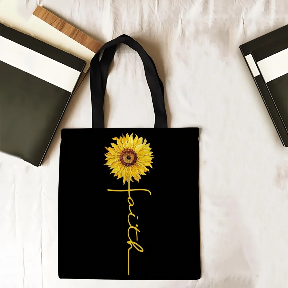 

Sunflower Print Handbag, Fashion Shoulder Bag And Daily Casual Shopping Bag On Black Background