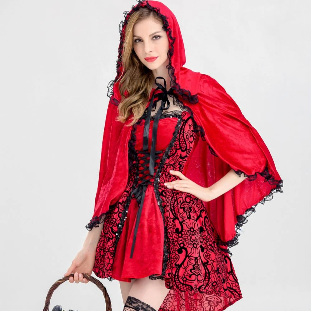 Disfraz de Caperucita roja para mujer adulta, traje de fantasía para fiesta de Halloween, traje de Cosplay de cuento de hadas