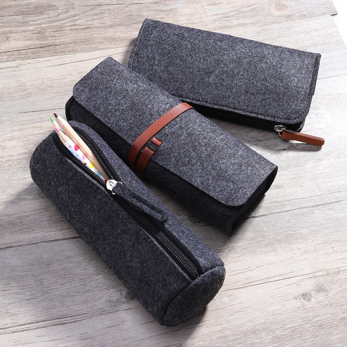 3Pcs Felt Pencil Case Set Multi Functional Pen Organizer for School Office Travel Makeup Bag Dark Grey