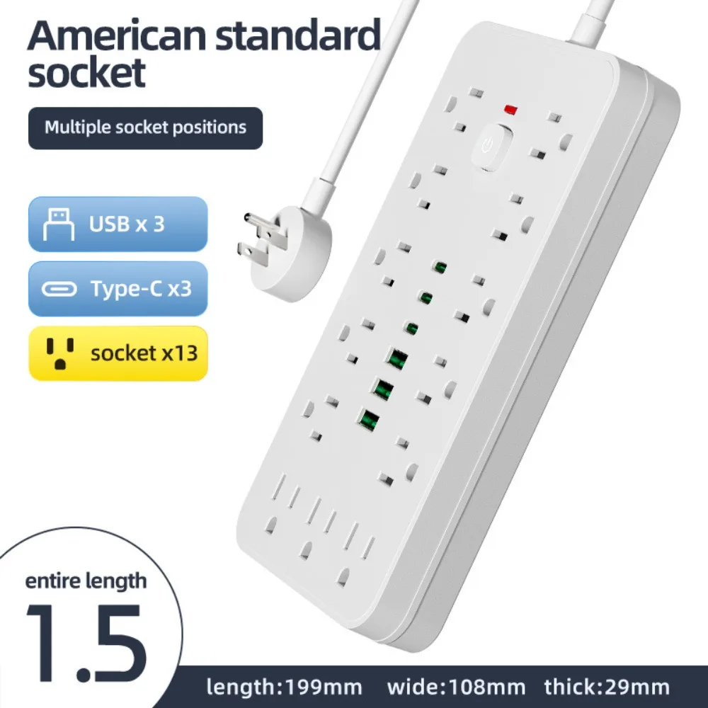 19 In 1 Surge Protector Power Strip US Plug Type USB-A Ports USB Port Power Strip Multiple Outlets Built-in Surge Protection