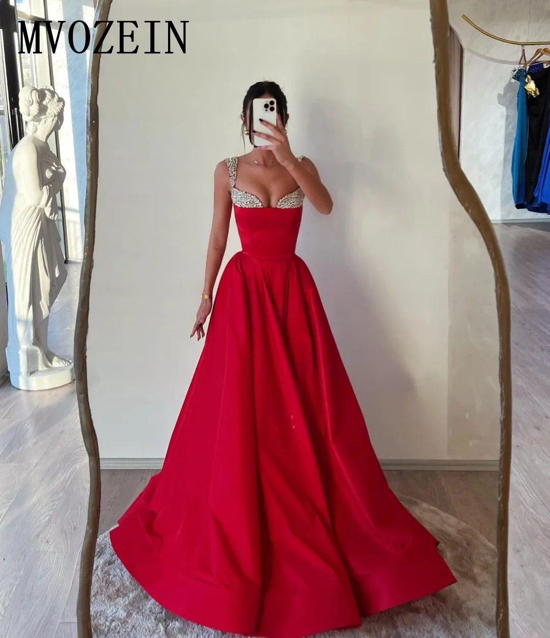 MVOZEIN Red Satin Evening Dresses Hand Beding Crystal A-Line Prom Dresses Off the Shoulder Elegant Party Dresses 2024