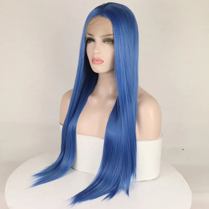 Light Blue Color Straight Hair Synthetic 13X4 Lace Front Wigs High Quality Heat Resistant Fiber Natural Hairline For Black Women