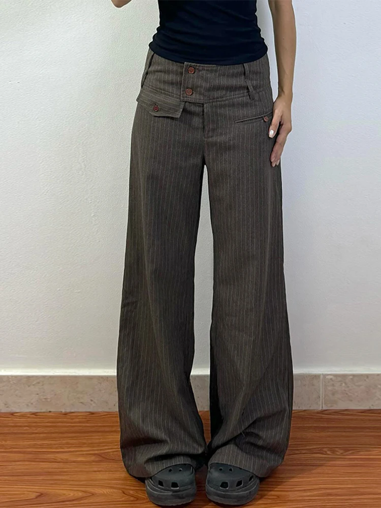 

2025 Autumn Winter Women Vintage Old Money High Street Striped Pants Design Y2k Baggy Long Trousers Harajuku 2000s New In