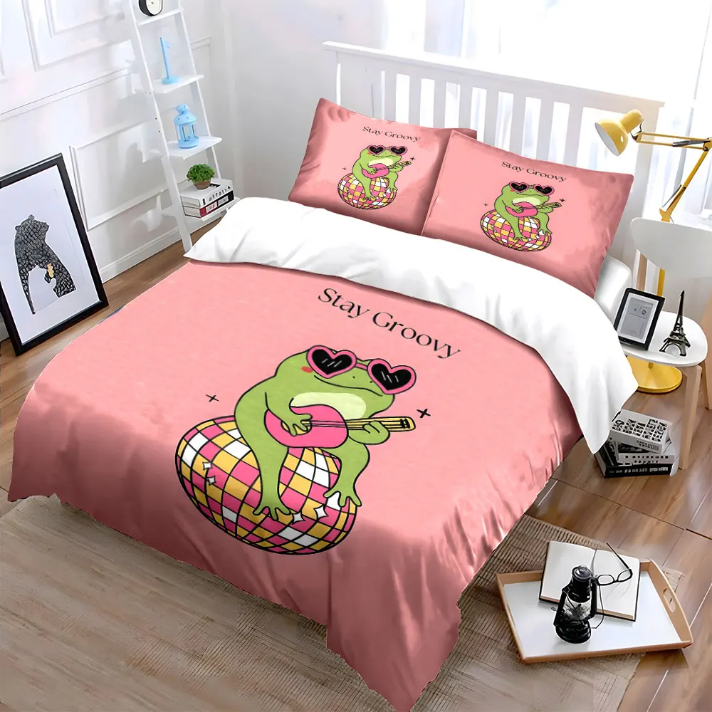 Frog with pink guitar on disco ball Printed Duvet Cover Set 1 Duvet Cover+2 Pillowcase Multi Size Bedroom Bedding Decor